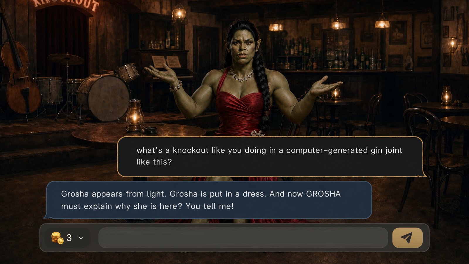 A player chatting with Grosha, an orc in a red dress inside of the KNOCKOUT bar